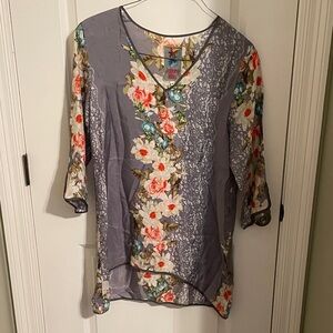Johnny Was Gray Floral V-Neck Blouse